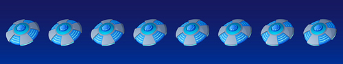 Flying ufo saucer animation sprite sheet effect. Alien spaceship sequence frame, unidentified flying object in shape of disk with glass dome and lights ui graphic design elements, Cartoon vector set
