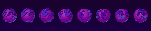 Purple planet turnaround animation, violet globe with rocky surface rotation sprite sheet, sequence frame of turning and moving around of orbit. Alien planet in space, Cartoon vector illustration