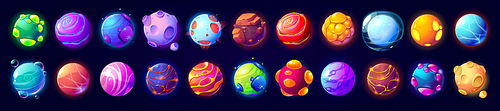 Alien space planets, cartoon fantastic comets, asteroids, galaxy ui game cosmic world objects, design elements. Moon with craters, glow plasma and lava, pimpled spheres, Vector illustration, icons set