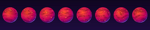 Red planet turnaround animation, Mars globe with textured surface rotation sprite sheet, sequence frame of turning and moving around of orbit. Alien martian planet in space Cartoon vector illustration