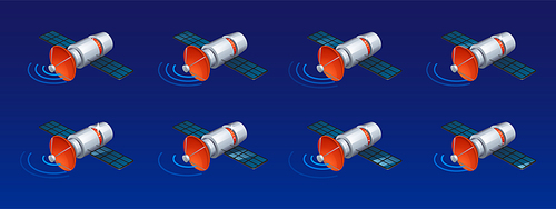 Communication satellite with antenna and abstract signal waves. Telecommunication or gps system station on Earth orbit, vector isometric animation sprite sheet