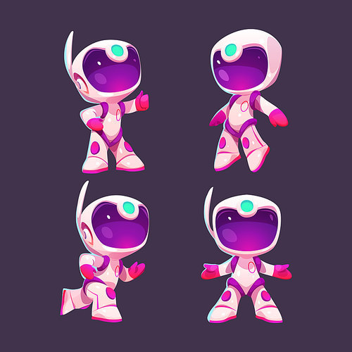 Cartoon astronaut in different positions isolated on background. Vector illustration set of funny game character in space suit showing thumbs-up, running, front and side view. Exploring universe