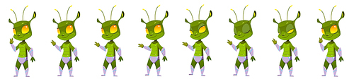 Cartoon alien character wink and waving hand animation sprite sheet. Sequence frame of cute Martian, extraterrestrial comer with green skin, Fantastic space personage, Vector illustration, saet