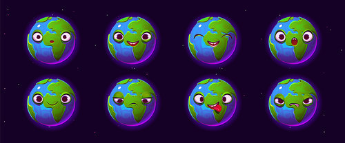 Cute Earth character, funny planet with different emotions. Emoji icons with blue and green planet happy, smile, laugh, sad, angry and shocked, vector cartoon illustration