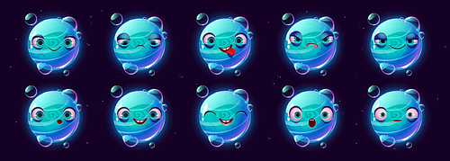Cute blue planet character faces emoji set, cartoon ui space game cosmic object with bubbles, happy, sad, surprised wow face, show tongue and angry. Funny galaxy universe personage Vector illustration