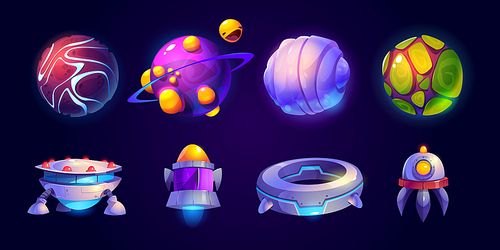 Alien space ships and planets isolated set. Ufo saucers, shuttles and rockets with asteroids. Fantasy cosmic objects, game graphic ui or gui elements, funny collection, Cartoon vector illustration