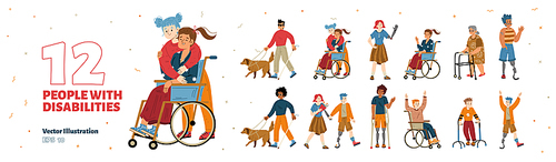 Set of diverse people with disabilities. Blind characters with guide dogs, man in wheelchair, boy with crutches, old woman with walkers, girl with prosthesis, vector hand drawn illustration