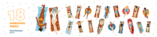 People sunbathing lying on towel, mat, surfboard and inflatable float. Diverse men and women in swimsuits relax on summer beach, vector hand drawn illustration