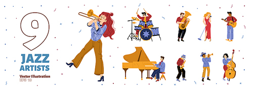 Set of Jazz band artists performing music. Men and woman playing on instruments drum kit, saxophone, trumpet, guitar, grand piano and double bass. Musical performance Line art flat vector illustration