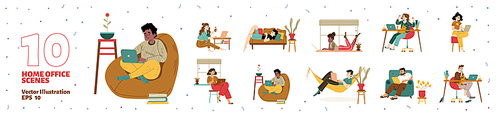 Set freelancers work at home office, relaxed characters working remotely on laptops at comfortable domestic environment. Outsourced freelance self-employed employees Line art flat vector illustration