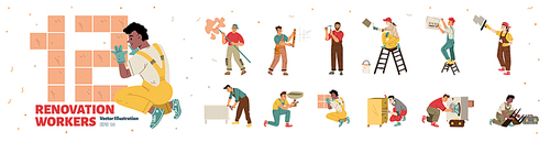 Renovation workers, repairmen, plumbers and painters. Diverse people masters fix broken furniture, appliance, pipes and paint wall, vector cartoon illustration isolated on white background