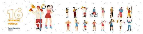 Set of winning people, sportsmen winners and champions. Young smiling happy sports characters holding golden trophy in hands celebrate victory in competition, Cartoon linear flat vector illustration