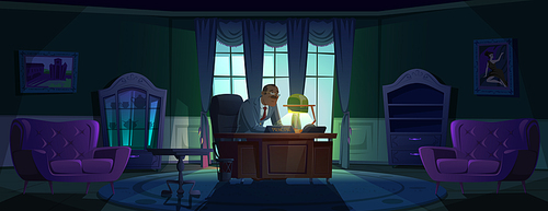 Principal in night office, headmaster or government person sitting at desk in dark room with luxury classic furniture. Mature man at wooden solid table with glowing lamp, Cartoon vector illustration