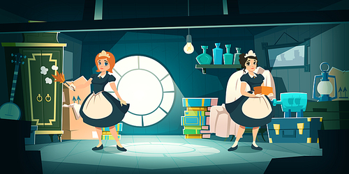 Housemaids clear on house attic with storage of old furniture and items. Vector cartoon interior of room under roof with round window and women maids in aprons with feather duster and stack of towels