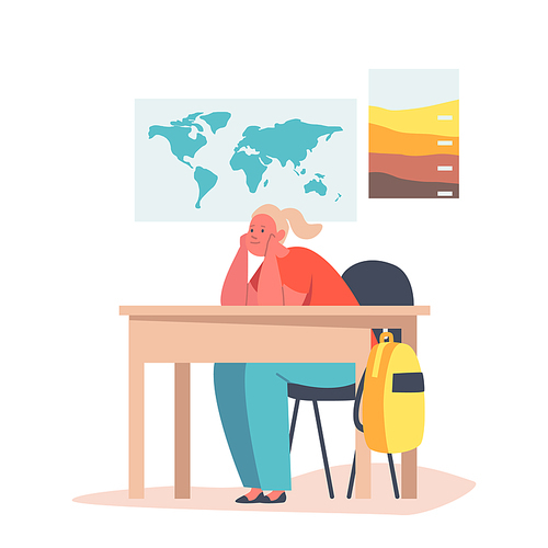 Back to School, Primary Education Concept. Little Kid Student in School Classroom, Schoolgirl Character Sitting at Desk Listening Lesson, Little Student Gain Knowledge. Cartoon Vector Illustration