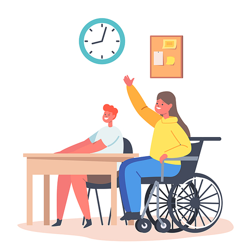 Disabled Girl Character in Wheelchair Sit at Desk with Healthy Classmate in Classroom Raising Hand. Handicapped Schoolgirl Answering Lesson in Class. Disability in School. Cartoon Vector Illustration