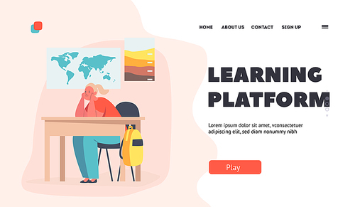 Learning Platform Landing Page Template. Back to School, Primary Education. Little Kid Student in School Classroom, Schoolgirl Character Sitting at Desk Listening Lesson. Cartoon Vector Illustration