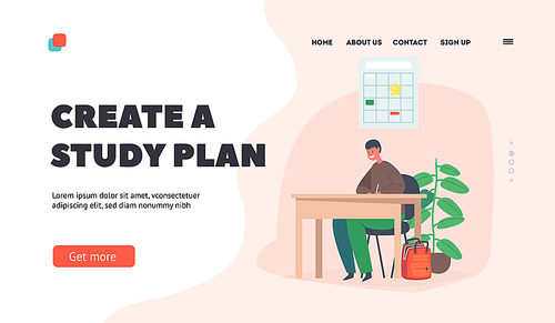 Create a Study Plan Landing Page Template. Kid Student Studying in School Classroom, Little Schoolboy Character Sitting at Desk Writing Lesson. Back to School, Education. Cartoon Vector Illustration