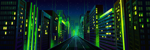 Night city street with road and green neon illumination, metaverse technology glow buildings perspective view. Urban architecture, megalopolis infrastructure in darkness, Cartoon vector illustration