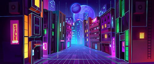 Futuristic metaverse city background with modern architecture and colorful illumination. Contemporary vector illustration of night megalopolis with skyscrapers, neon signs, alien planets in dark sky