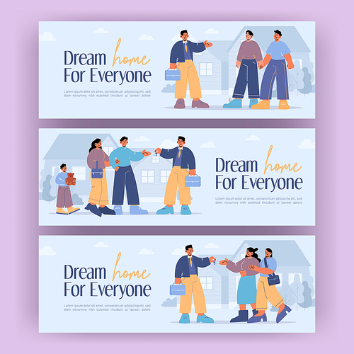 Family buy house from real estate agent. Concept of purchase or rent property. Vector banners with flat illustration of realtor hand gives key to lesbian couple, two guys and people with kid