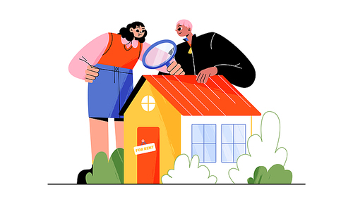 House property search concept. Couple look through magnifier on cottage. People choose real estate for rent or buying, Man and woman watch home for sale or mortgage, Line art flat vector illustration