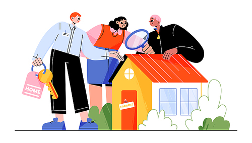 Couple search house for rent. Man real estate agent with key shows building to customers. People with magnifier, rental home and man realtor, vector flat illustration