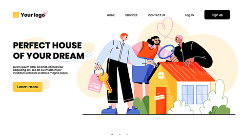 Perfect house of your dream landing page. Real estate property research concept. Agent with keys show cottage to couple with magnifier. People choose home, mortgage, Line art flat vector web banner