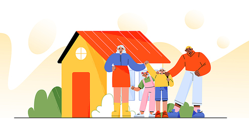 Family with children stand front of house facade. Happy couple with kids buying real estate property. Parents characters with son and daughter move to new home, mortgage, Linear vector illustration
