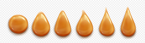 Caramel drops, toffee, sugar caramelization, sweet sauce drips of different shapes isolated on transparent background. Orange or brown glossy fudge or syrup stains, Realistic 3d vector illustration