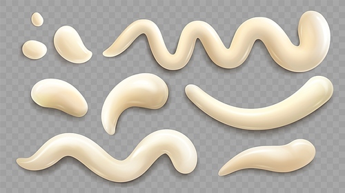 Drips of mayonnaise, cheese sauce or vanilla cream isolated on transparent background. Stains, drops and blobs of mayo sauce, yoghurt or cosmetic mousse, vector realistic set