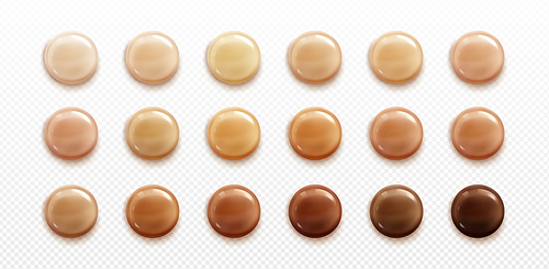 Beige to chocolate foundation or paint drops isolated on transparent background. Natural skin color undertones. Realistic vector illustration of glossy droplets with creamy texture. Cosmetics palette