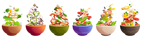 Bowls with salad, healthy food with vegetables. Vector cartoon set of meal dishes for lunch or dinner with flying ingredients, lettuce, cucumber and tomato slices, pepper, egg and sauce