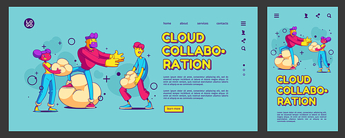 Cloud collaboration, teamwork landing page, app ui ux mobile app onboard screen template. Contemporary characters with clouds in hands, information virtual storage concept, Cartoon vector web banner