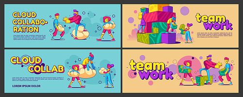 Cloud collaboration and teamwork banners with people work together. Vector posters of cooperation and partnership with illustration of employee team in contemporary art style