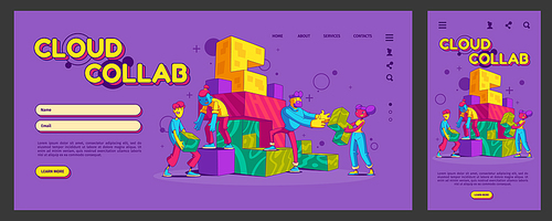Cloud collaboration, teamwork landing page, app ui ux mobile app onboard screen template. Contemporary characters connect puzzle pircrs, information virtual storage concept, Cartoon vector web banner