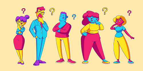 Thoughtful persons with questions, doubtful people think, solve task, choose right decision. Pensive contemporary dumb characters searching solution, develop idea, Line art cartoon vector illustration
