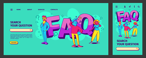 Faq landing page, app ui ux mobile app onboard screen template. Thoughtful people with questions think, solve task, scratching head. Pensive contemporary characters Line art cartoon vector web banner