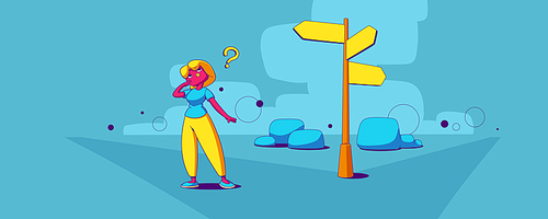 Choice right way in career, business decisions concept. Vector illustration of puzzled woman with question mark and direction sign with arrows on road. Person choose path on crossroads