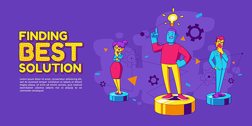 Finding best solution poster with thinking characters and person having creative idea. Vector banner in contemporary style with illustration of people brainstorm, teamwork and innovation