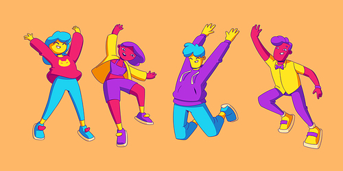 Happy people jump with raised arms, contemporary characters feel positive emotions, rejoice, celebrate victory or success. Laughing teenagers, millenial hipster, Line art cartoon vector illustration