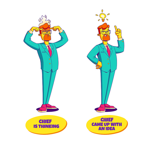 Chief thinking and came up with an idea. Thoughtful businessman contemporary character finding best solution. Vector Man ceo, boss or corporate leader wearing suit and glasses brainstorming process