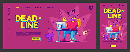 Deadline banner with angry man work on computer. Vector responsive website design with busy and tired employee or freelancer character on workplace, vector illustration in contemporary style