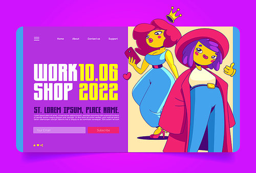 Workshop for women landing page, business or personal development training, web banner with cartoon contemporary female characters. Consulting with professional coach, Line art flat vector template