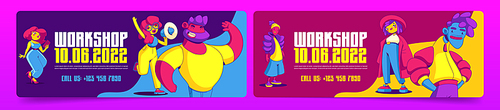 Set of workshop flyer templates vector design. Colorful contemporary art male and female characters posing in fashion clothes, taking selfie on smartphone, making announcement with loudspeaker