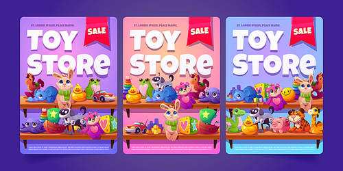 Toy store sale flyer templates set. Vector collection of leaflets with colorful cartoon stuffed animals, remote control cars, robots on shelves. Black Friday shopping announcement illustration