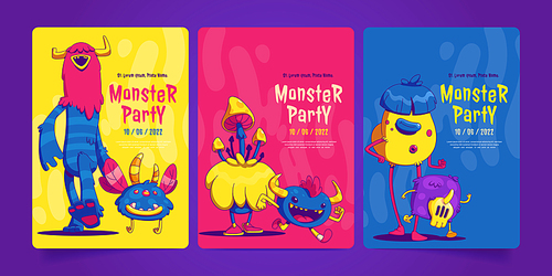 Monster party invitation flyer templates with cute contemporary fantasy beasts characters. Cartoon posters for kids Halloween event with funny aliens, strange animals or creatures, Vector banners