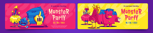 Monster party posters with cute alien creatures in contemporary art style. Vector invitation flyers to kids event or holiday celebration with funny comic monsters, whimsical characters