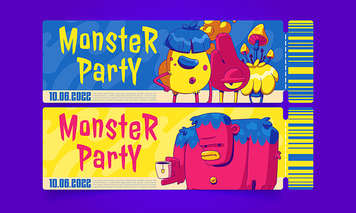 Cartoon tickets for monster party, invitation coupon templates for kids Halloween performance with contemporary alien characters, strange animals or creatures spooky personages, Vector access cards