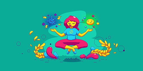 Emotional balance concept. Woman meditate floating in lotus posture. Contemporary female character control emotions, wellness, good feeling choice, mind health Cartoon linear flat vector illustration